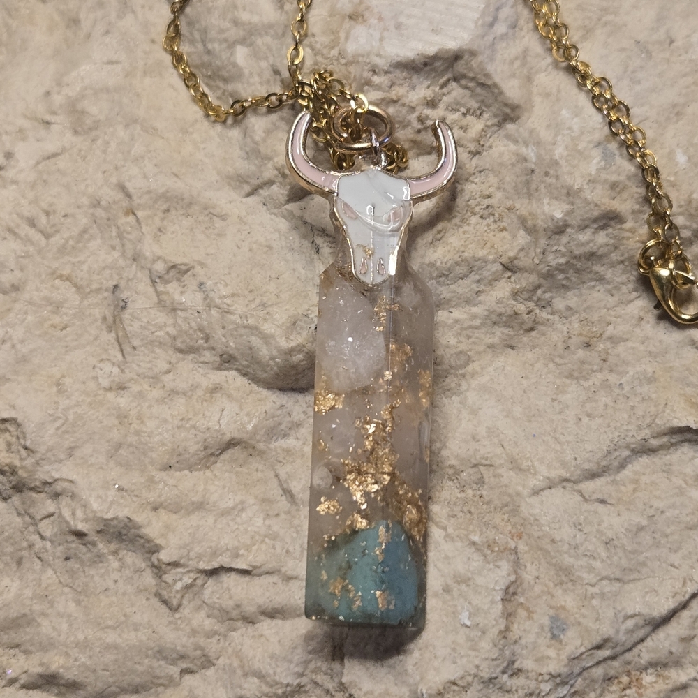 Rose Quartz & Turquoise Resin Cylinder Pendant Necklace | Gold Foil Accent | 20” - Picture 8 of 10